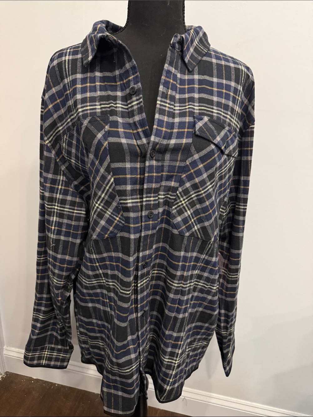 Men's Navy and Black Plaid Casual Button-Down Shirt